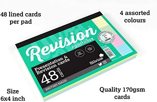 Essential Arts Revision Card Study Bulk Pack | 6 x 48 A6 (6x4'') Multi Colour Lined Luxpad Silvine Revision Cards Plus Tips, Yellow, Blue, Green, Pink
