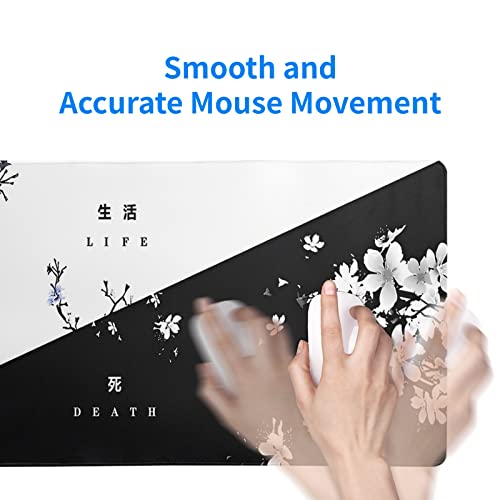 Black and White Japanese Cherry Blossom Gaming Mouse Pad Sakura Death Life Flower Mat 31.5x11.8 Inch Texture Non-Slip Rubber Base Mousepad Stitched Edges Keyboard Desk Pad for Office Home Game
