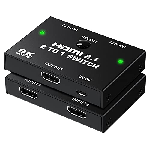Switch HDMI 2x1 8K a 60Hz: questo switch HDMI a 2 porte supporta le specifiche HDMI 2.1 complete, supporta 8K a 60Hz, HDR, 36Bit Deep Color, anche retrocompatibile con 4K, Full HD 1080P. Collegare due sorgenti HDMI (console di gioco, lettore Blu-ray, laptop, ecc.) ad un Ultra HDTV allo stesso tempo, basta passare il segnale di ingresso con i pulsanti sull'interruttore HDMI.