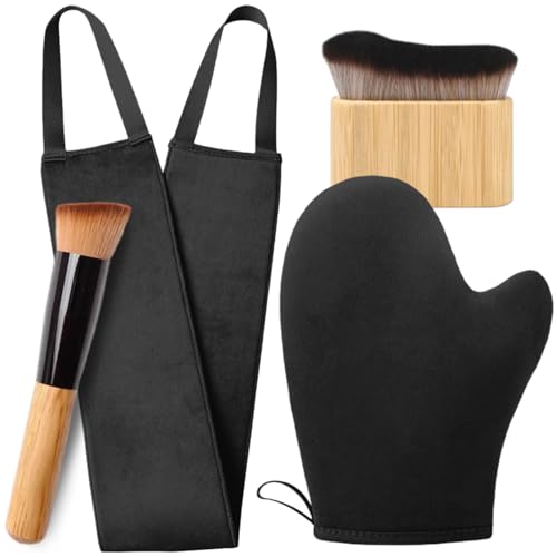 4 in 1 Eincremehilfe für Rücken Selbstbräunungshandschuh Set 1 Handschuh, 1 Rücken Applicator, 1 Gesichts Applicator, 1 Körper Bürste（Schwarz）