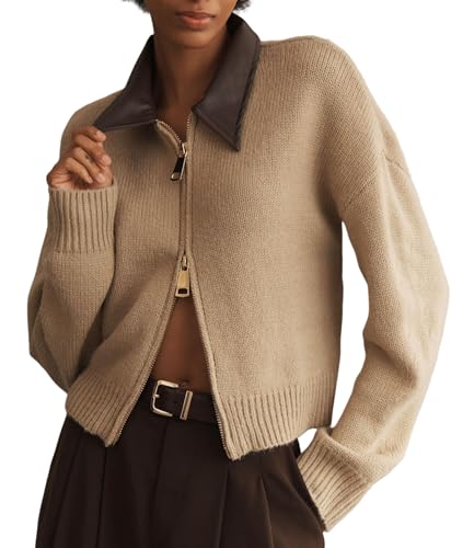 Womens Cropped Cardigan Sweaters Fall Winter Zip Up Lapel Collared