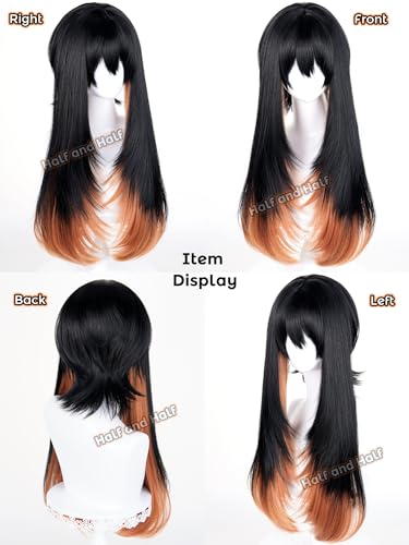 Image of Amo Empool Cosplay Wig 27.5'' Long Straight Black Orange Brown Anime Wigs | Black Layered Wig with Bangs for Women Halloween Costumes Party Daily