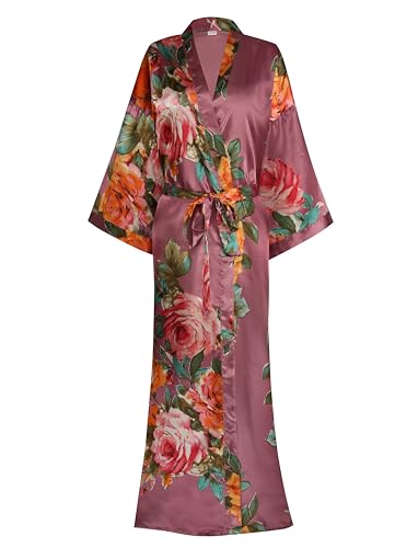 Image of Women Silk Kimono Robe Long Floral Bridesmaids Robes Satin | Wedding Party Bridal Getting Ready Robe Lightweight Dressing Gown Loungewear Sleepwear