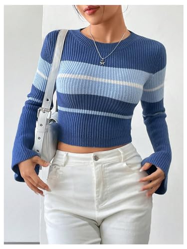 SweatyRocks Women's Color Block Striped Sweater Casual Bell Sleeve Crew Neck Cropped Tops Shirts4