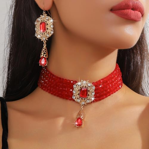 Octwine Boho Gold Silver 1920s Layered Pearls Necklace Teardrop Earrings Set for Women Trendy Retro Black Necklace Dainty Bride Wedding Crystal Rhinestones Pearls Necklace Earrings Set for Women2