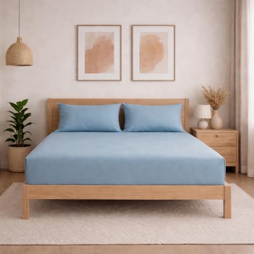 Image of THE HOME STYLE Solid Plain Cotton Feel Fitted Bedsheet (72x78 inches) with Reversible Comforter (90x100 inches) | King Size | 2 Pillow Covers | 300 TC | 4-Piece Bedding Set (Denim)