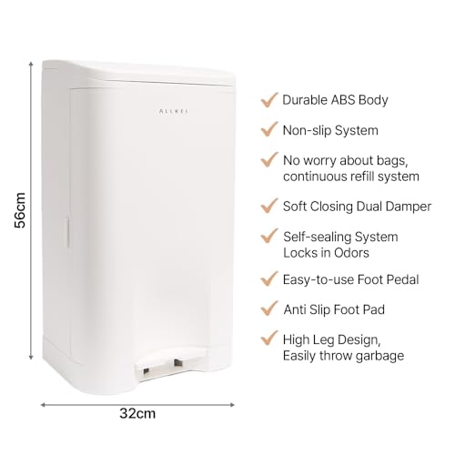 Image of ALLKEI 29L Gift Set Includes 11 Magic Refill Bag Disposal System, Diaper Pail, Odor Control Trash Can for Baby, Adult Diaper, and Pet Waste, Made of Durable ABS. (White)