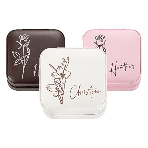 Custom Name Birth Flower Jewelry Box for Women Girls Layer Jewelry Organizer Storage Case Travel Jewelry Box Organizer Box for Earrings Rings Necklaces Case Gift for Wedding Engagement Birthday Cover