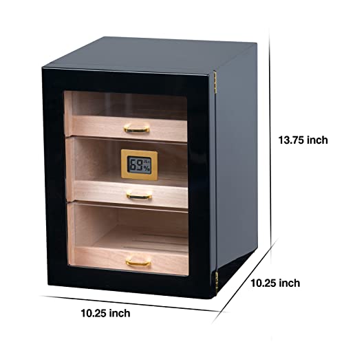Woodronic Cigar Humidor Cabinet For 100 To 150 Cigars With Extra 2 Crystal Gel Humidifiers Set, Spanish Cedar Lininig And 3 Large Drawers, Digital Hygrometer, Polished Piano Black #TOP2