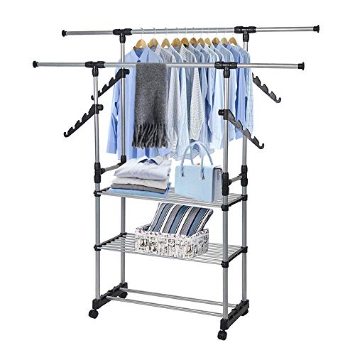 LUCKYERMORE Collapsible Clothes Rack Double Rod Adjustable Lightweight Garment Rack with 3 Storage Shelf