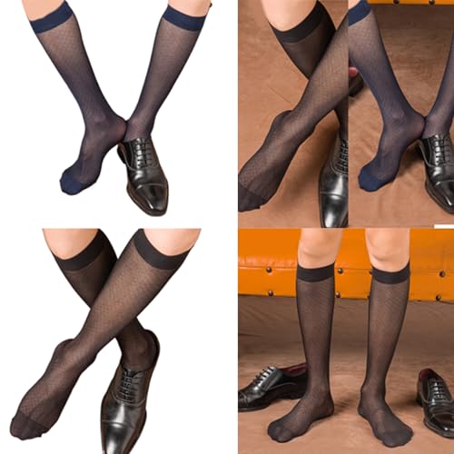 Elegant Mens Sheer Pattern Dress Socks See Through Nylon Business Formal Wear Thin Long Tube Over The Calf Socks Men's Diamond mesh mid-Length Stockings2
