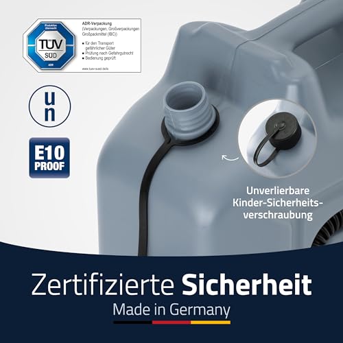 hünersdorff Kraftstoff-Kanister PROFI 10l für Benzin, Diesel und andere Gefahrgüter, UN-Zulassung, made in Germany, TÜV-geprüfte Produktion, grau