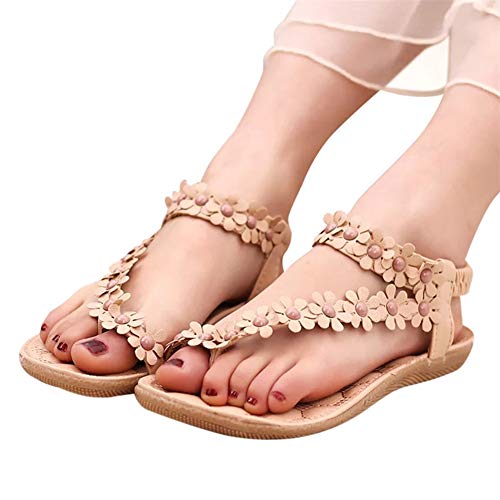Summer Sandals For Women 2020,Women's T-Strap Beaded Flower Rhinestone Flat Sandals Dress Beach Shoes #TOP20