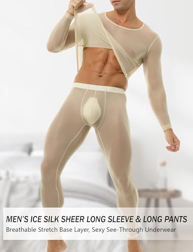 AIEOE Herren Unterwäsche Set EIS Seide Dünne Pyjama Set Durchsichtig Schlafanzug Sexy Dehnbar Tops Hose EU XS