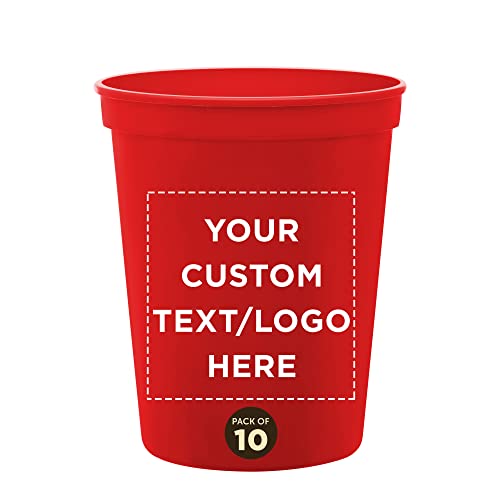 DISCOUNT PROMOS Custom Plastic Stadium Cups 16 oz. Set of 10, Personalized Bulk Pack - Perfect for Birthdays, Weddings, Picnic, Beach, Parties - Red