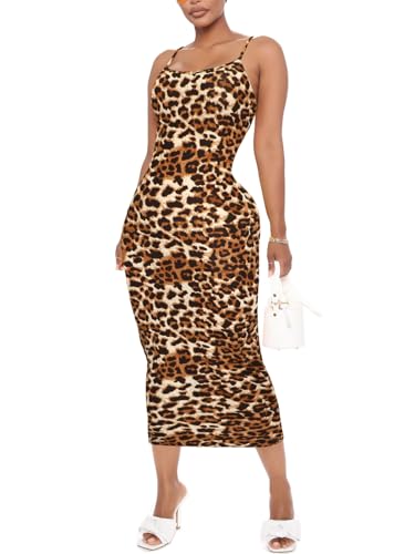 Image of Women's Midi Bodycon Tight Dress - Spaghetti Strap Summer Casual Leopard Cheeath Print Club Party Long Fitted Slip Dresses