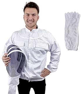 Beekeeping Jacket with Goatskin Gloves &Fencing Veil Hood Bee Jacket Clear View Fencing Veil Ultra Light Weight and Maximum Protection for Professional and Beginner Beekeepers (XL)