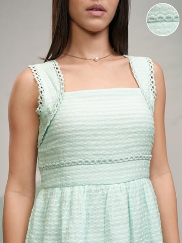 Image of Tokyo Talkies Women's Sleeveless Square Neck Self Design Dresses | Stylish Dresses | Casual Dresses