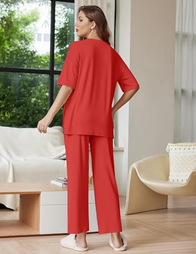 Image of Ekouaer Lounge Sets for Women Short Sleeve Tops and Long Pants Soft Comfy Pajamas Set 2 Piece Outfits