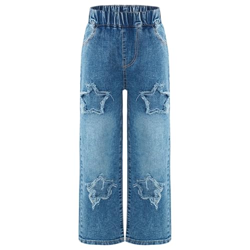 iiniim Kids Girls Star Printed Loose Fit Jeans Coolgirls Wide-Leg Denim Pants High Waistband Trousers Casual Wear