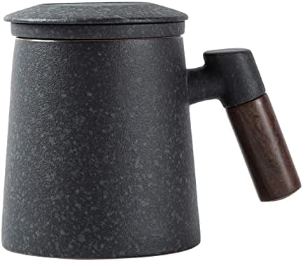 Fosenw Ceramic Tea Mug,Tea Cup with Lid,Infuser and Wooden Handle,12 oz,Bluestone
