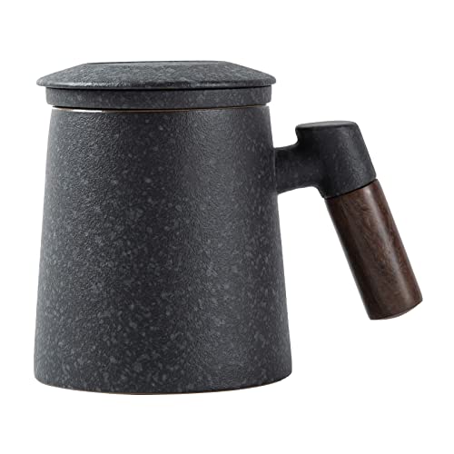 Fosenw Ceramic Tea Mug,Tea Cup With Lid,Infuser And Wooden Handle,12 Oz,Bluestone #TOP2