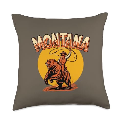 Montana Souvenir Funny Cowboy Riding Grizzly Bear Throw Pillow