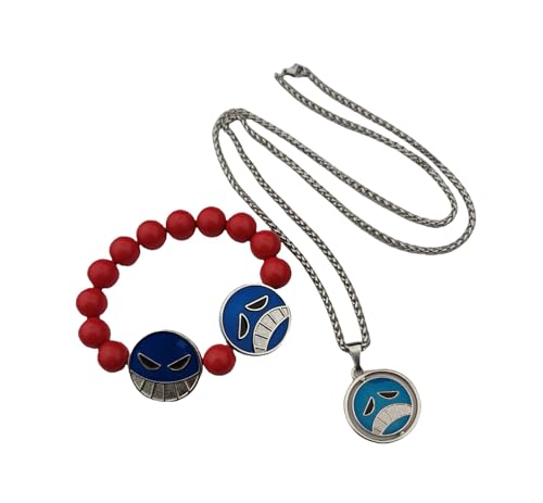 SKYJUANJAUN Anime A Piece Ace Necklace Bracelet 2Piece，Red Bead Necklace Ace Cosplay Bracelet Accessories JewelryFor Fans Gift (AH)
