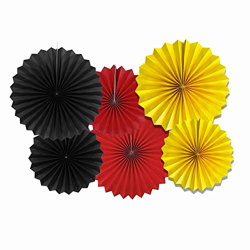 Vsosfiza Hängender Papierfächer Schwarze Rot Gelbe Runde Papier Rosetten Dekoration,40 cm und 30 cm(6 Stück) Cover