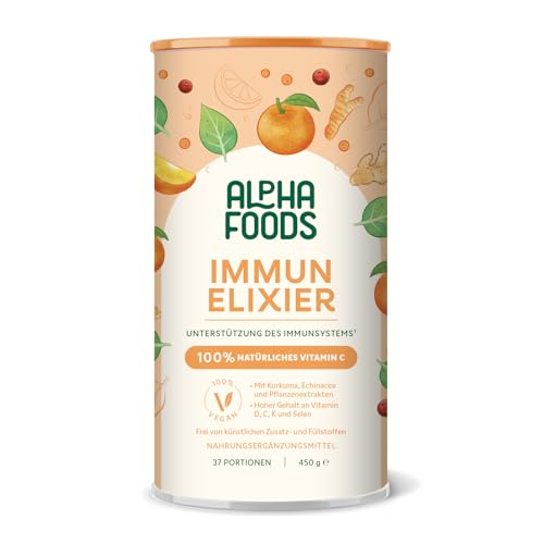 Immun-Elixier | 450g | Immunsystem Stärken | mit Vitamin C, D & K2 pulver, Quercetin, Acerola, Kurkuma, Hagebutten, Selen, Zink, Camu, Echinacea & NAC zur Unterstützung des Immunsystems | Alpha Foods