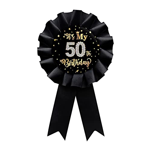 Black It's My 50th Birthday Tinplate Badge Pin, Happy 50th Birthday Man or Woman Award Ribbon Party Decorations Sign