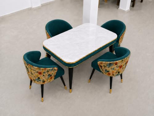 Image of WOODEN SPACE Majestic 4 Seater Wooden Dining Table Set | Urban Marble Top Dining Table with Chairs for Dining Room & Kitchen (Modern Classic Printed Sea Blue) (54 x 36 x 30 inch)