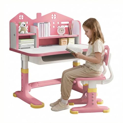 PERZOE Kids Desk and Chair Set, Height Adjustable Student Desk and Chair Set with Storage Drawer, Backpack Hook, Ergonomic Kids Study Table and Chairs Sets 8-12 Year Old (Pink)
