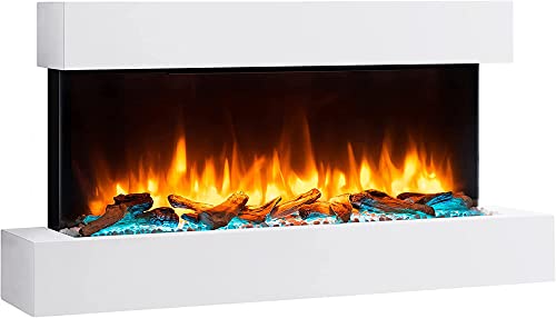 Endeavour Fires, el Runswick: Fuego eléctrico montado en la Pared, 220/240 Vac, 50 Hz, 1 & 2KW, 7 días de Control Remoto programable con una repisa de MDF y rodapié Blanco.