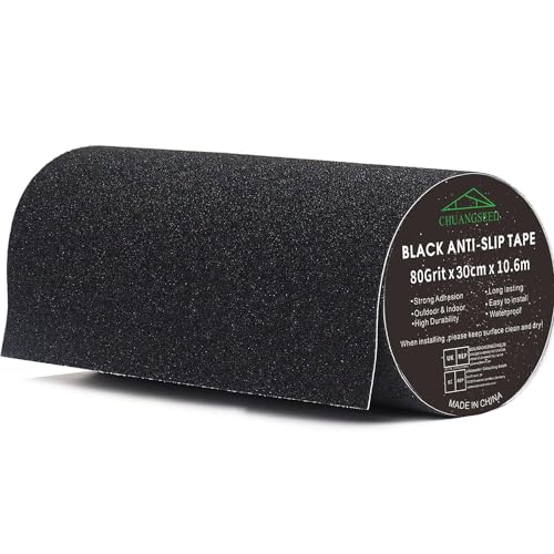 Image of CHUANGSEED Heavy Duty Black Anti Slip Tape 12" x 35Ft (30cm x 10.6m) High Traction For Outdoor/Indoor Safety Non Skid Roll Traction Tread grip Tape