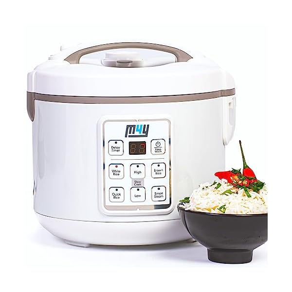 M4Y Rice Cooker, Slow Cooker and Food Steamer For 1-6 People – 1.2 Litre – Keep Warm Function, Delay Timer, Premium Inner Pot, Spatula & Measuring Cup, Perfect Rice Every time– Quick & Easy