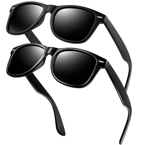 KANASTAL 2 Pack Gafas de Sol Negras Hombre y Mujer Polarizadas Cuadradas Clásicas Retro Vintage con Protección UV400   Negras Mate + Negro Brillante