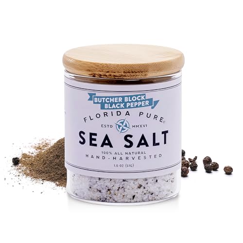 FLORIDA PURE Black Pepper Sea Salt - 80+ Mineral Sea Salt, Natural, Unrefined, Non Iodized - for Baking, Cooking, Seasoning & Enhancing Taste - Rich in Taste Flaky Sea Salt (1.8 oz Jar)