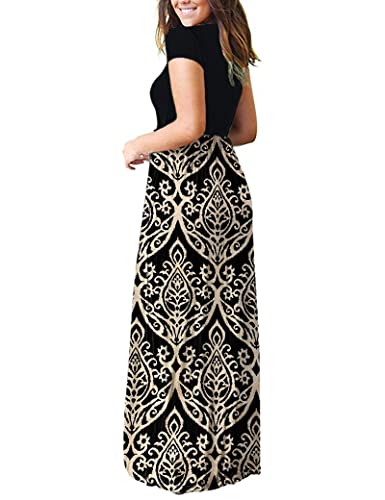 Auselily Women Short Sleeve Loose Plain Casual Long Maxi Dresses With Pockets(2Xl,Black Khaki) #TOP2