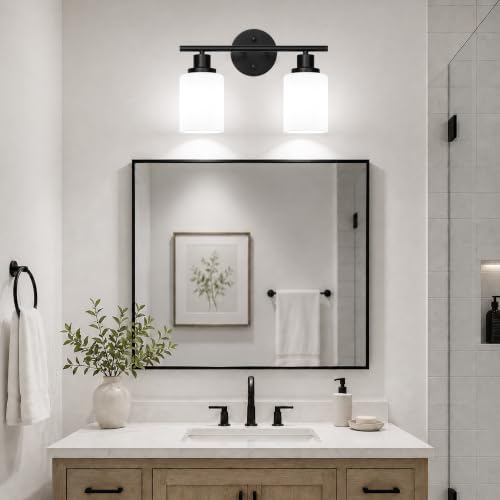 Image of Unicozin 2 Light Bathroom Light Fixtures, Modern Vanity Lights with Milky Glass Shade, Black Wall Lamp Over Mirror for Bathroom, Living Room, Cabinet, Bedroom, E26 Base