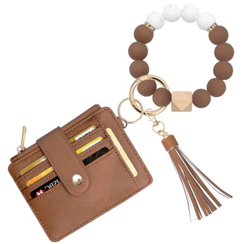 Image of COOLANS Silicone Bracelet Wristlet Wallet Credit Card Holder RFID ID Window Key Ring Tassel Slim Wallet Women Keychain Purse