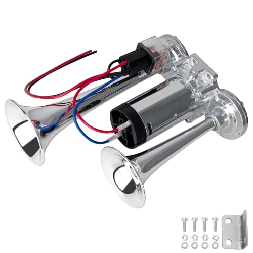 AOLIHAN Silver Truck Air Horn, 12V Train Horn for Car with Compressor, 150dB Super Loud Horns, Chrome Plated Waterproof Integrated Double Trumpet with Relay Wiring Harness