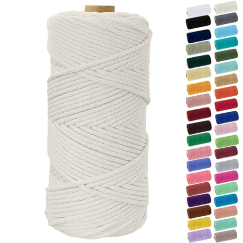 Binwat Macrame Cord Thick Natural Cotton Cord DIY Crafts Yarn Thread Twisted Spool Twine String Cotton Rope for Wall Hanging,Plant Hangers,Knitting,Decorative Projects 4mm x100m (Natural White)