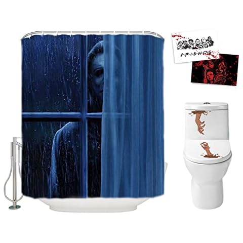 Halloween Shower Curtain Set for Bathroom Scary Killer Michael Myers Staring At You, Horror Movie Themed Polyester Fabric Decoration with Hooks Toilet Stickers 2 Post Cards, Party Decor 183*183cm Cover