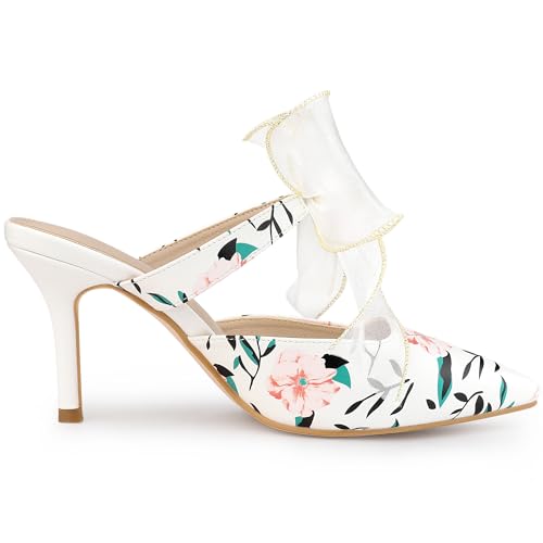 Allegra K Allegra K Women's Pointed Toe Lace Bow Floral Printed Stiletto Heels White Mules - 10 M US