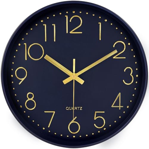 Image of Modern Silent Wall Clock, 12 Inch Wall Clocks Battery Operated Large Number, Non-Ticking Analog Clock with Tempered Glass Quartz Clocks for Living Room Bedroom Office Kitchen, Navy Blue