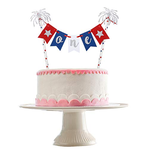 4th of July One Birthday Cake Topper Red White and Blue Glitter Patriotic 1st Birthday Cake Topper for 4th of July Baby Shower 1st Birthday Cake Decorations