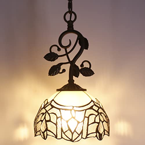Rhlamps Tiffany Plug-In Pendant Lighting, 8" White Stained Glass Crystal Shade Hanging Lamp, Farmhouse Rustic Bronze Thin Metal Leaf Chandelier, Luxury Ceiling Light Fixture For Kitchen Dining Room #TOP4