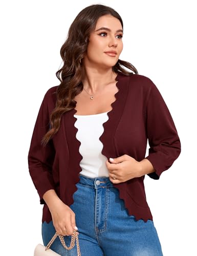Womens 3/4 Sleeve Cardigan Plus Size Casual Knit Sweater Cardigan Scallop Hemline Open-Front Shrug Sweaters