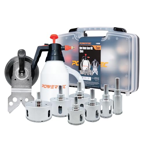 Image of POWERTEC Wet Diamond Hole Saw Kit - 7-Piece Set with Suction Mount Drill Guide, Water Tank & Hose for Wet Drilling in Tile, Porcelain, Granite, Marble, Glass & Ceramics (14908)